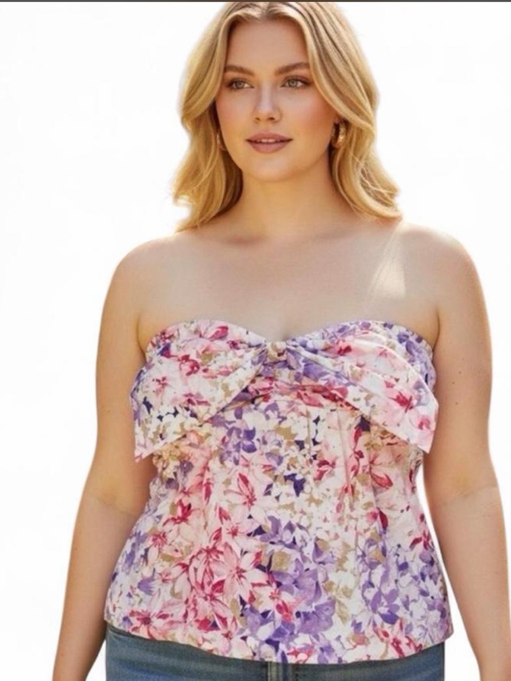 Express Floral Bow Front Strapless Women's Top Pink Purple Sz Xl
